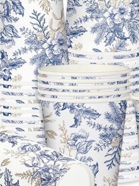 90 Blue & Gold Botanical Disposable Party Cups - Premium Tableware